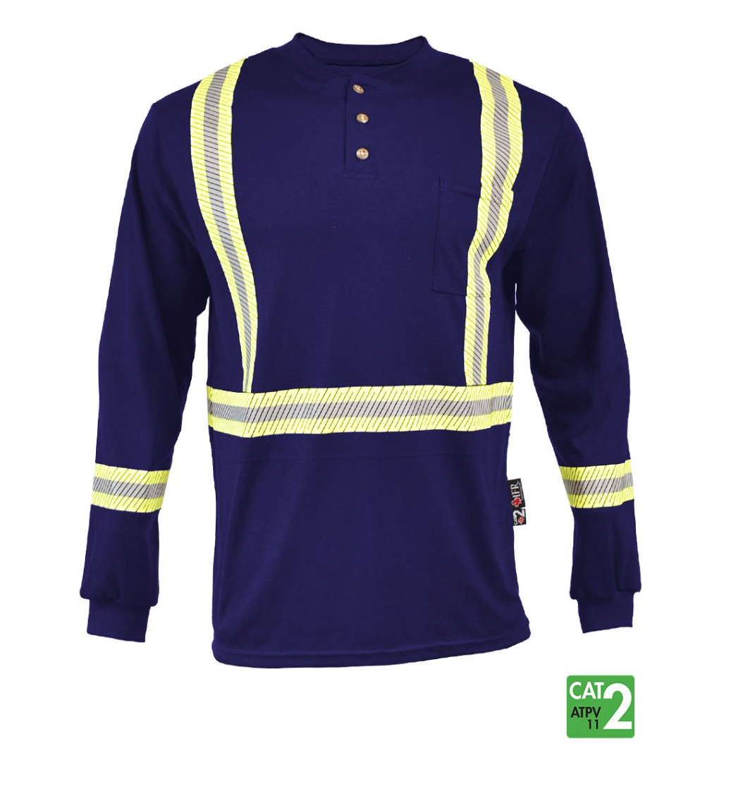 Front Line 6.9 oz Henley Segmented Striped Navy Long Sleeve T-Shirt